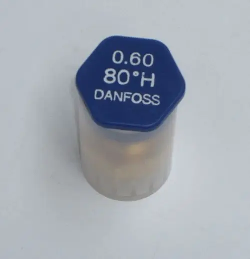 Blauer Danfoss Öldüsenkopf mit der Aufschrift "0.60 80° H" auf der Oberseite. Geeignet für Daikin Systeme. Transparentes Gehäuse.